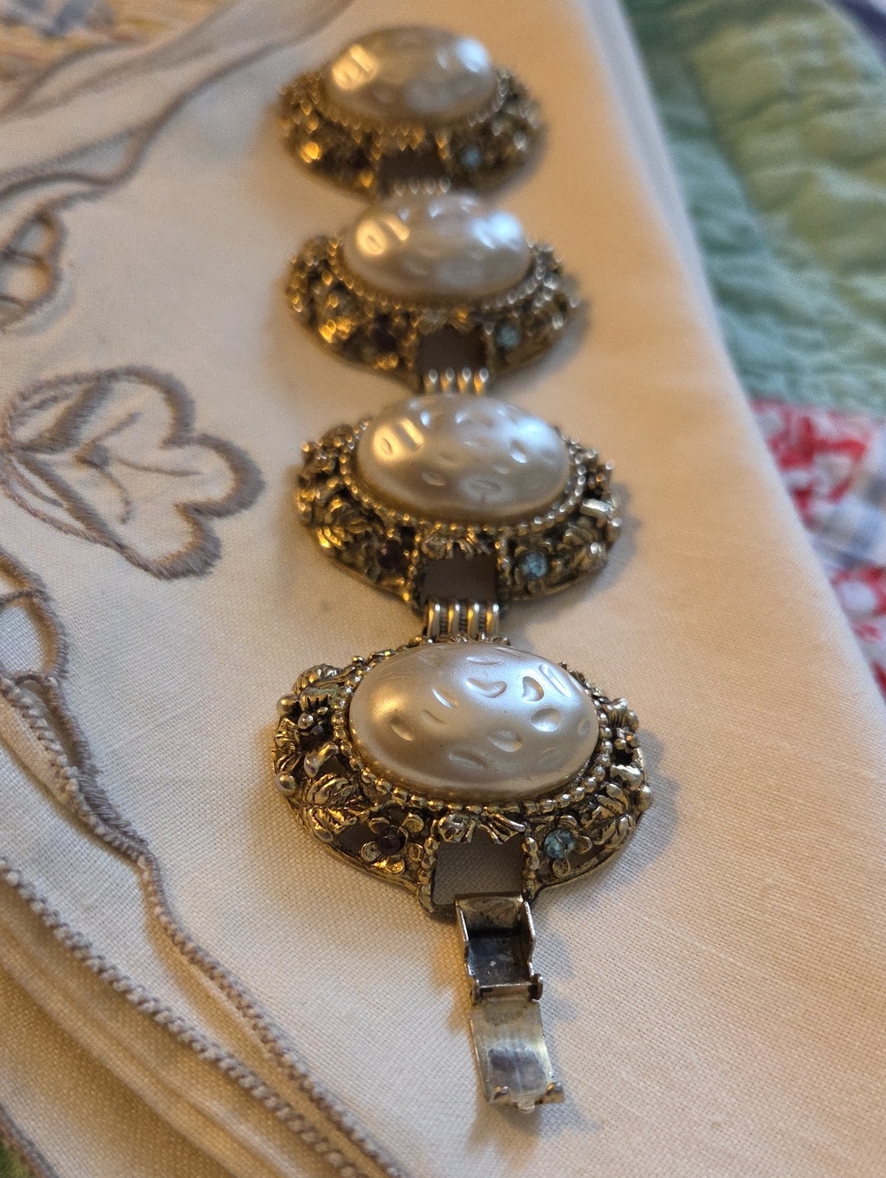 Vintage Faux Pearl Ornate Panel Bracelet